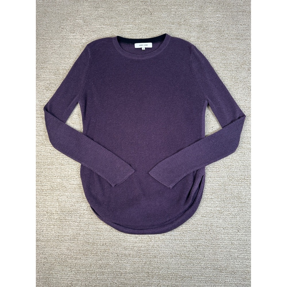 John + Jenn Womens Purple Ribbed Knit Curved Hem Crewneck Sweater Small
